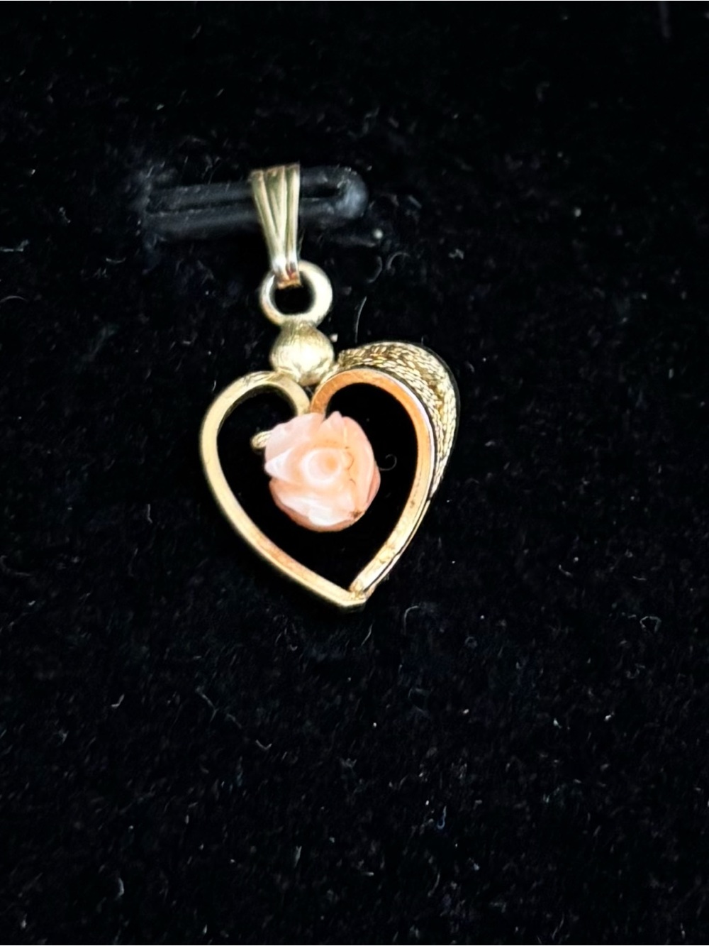 14k Solid Yellow Gold Hand Carved Pink Coral Rose Heart Charm Pendant NEW